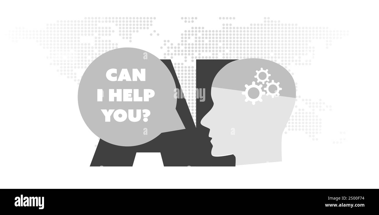 Apprendimento automatico in bianco e nero, intelligenza artificiale, Chat bot, Cloud Computing e concetto di progettazione di reti con etichetta ai, Mappa del mondo, robot Head Illustrazione Vettoriale