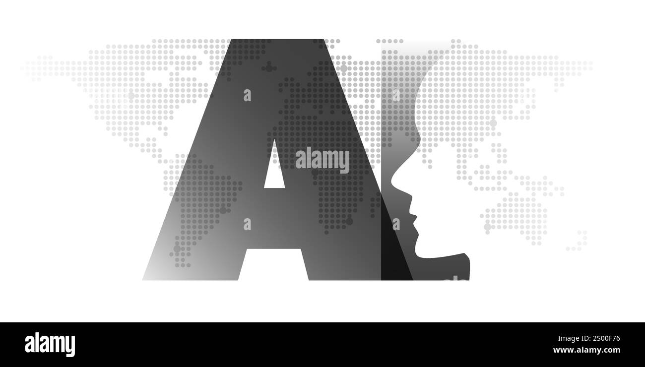 Apprendimento automatico in bianco e nero, intelligenza artificiale, cloud computing e concetto di progettazione di banner di reti con mappa del mondo e etichetta ai - Vector TEM Illustrazione Vettoriale