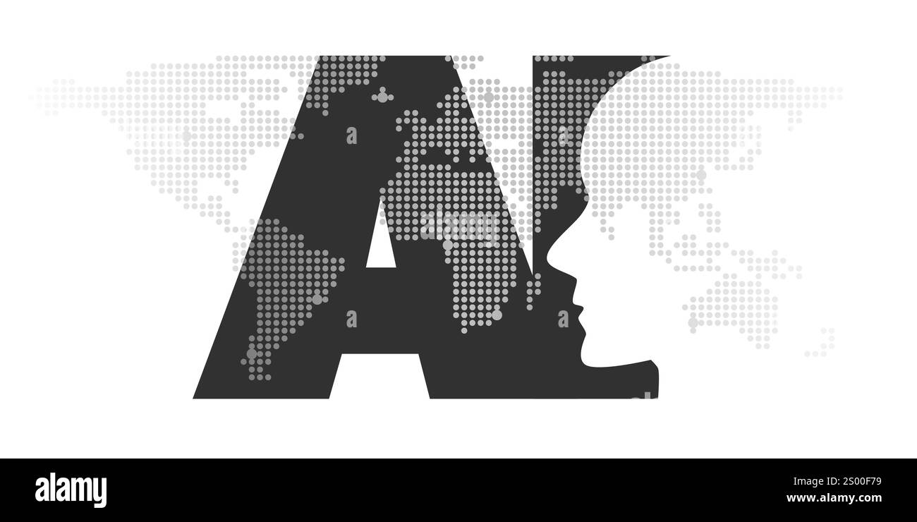 Apprendimento automatico in bianco e nero, intelligenza artificiale, cloud computing, tecnologia e progettazione di reti con mappa del mondo punteggiata, robot Face A. Illustrazione Vettoriale