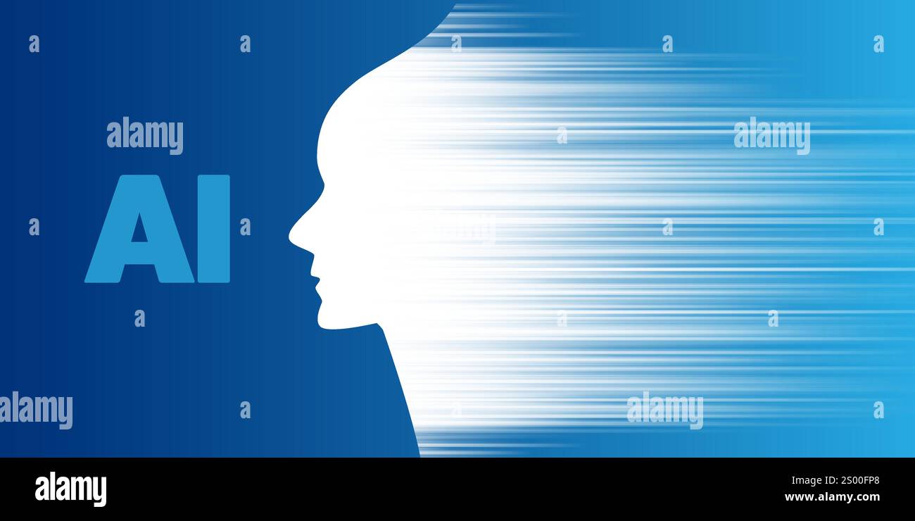 Blue Machine Learning, concetto di progettazione di intelligenza artificiale con silhouette del volto del robot - etichetta ai, simbolo, sfocatura del movimento luminoso che rappresenta il ritmo veloce Illustrazione Vettoriale