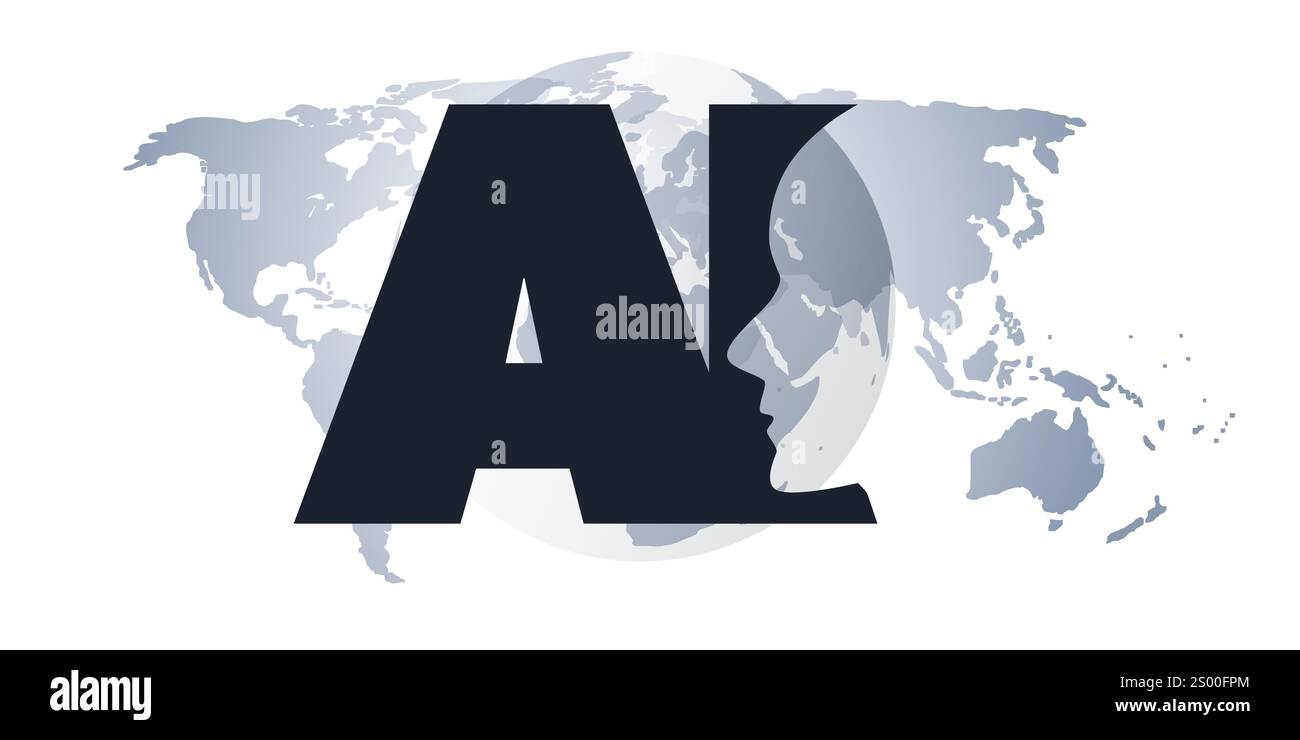 Apprendimento automatico in bianco e nero, intelligenza artificiale, cloud computing e concetto di reti globali con World Map, Globe, robot Face Profile e B. Illustrazione Vettoriale