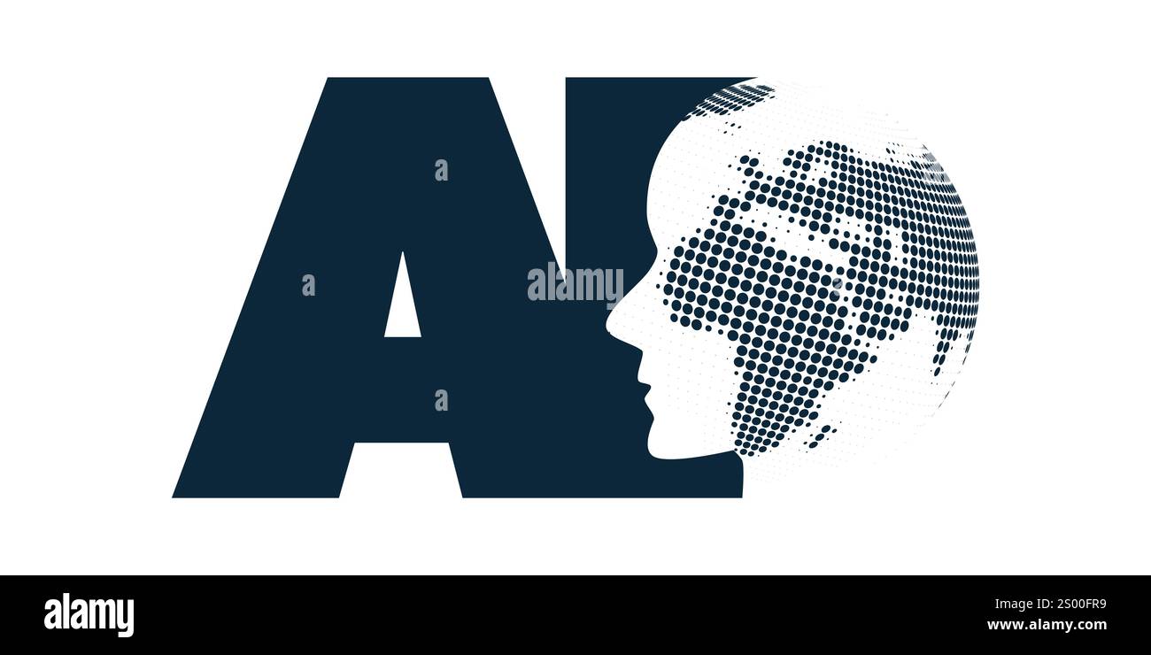 Apprendimento automatico in bianco e nero, intelligenza artificiale, cloud computing e concetto di progettazione di reti globali con il globo della Terra punteggiato all'interno di un robot H. Illustrazione Vettoriale