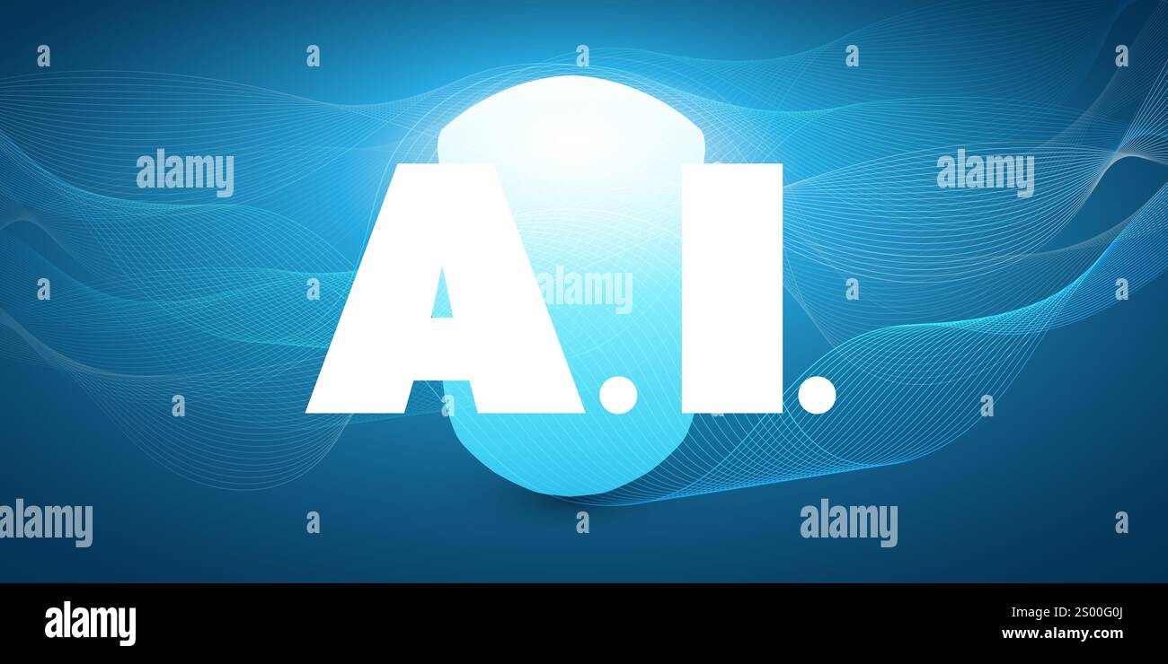 Blue ai, mi, Deep Learning e Future Technology Concept Design con lettere audaci dell'acronimo di intelligenza artificiale, Label and robot Head - Conce Illustrazione Vettoriale
