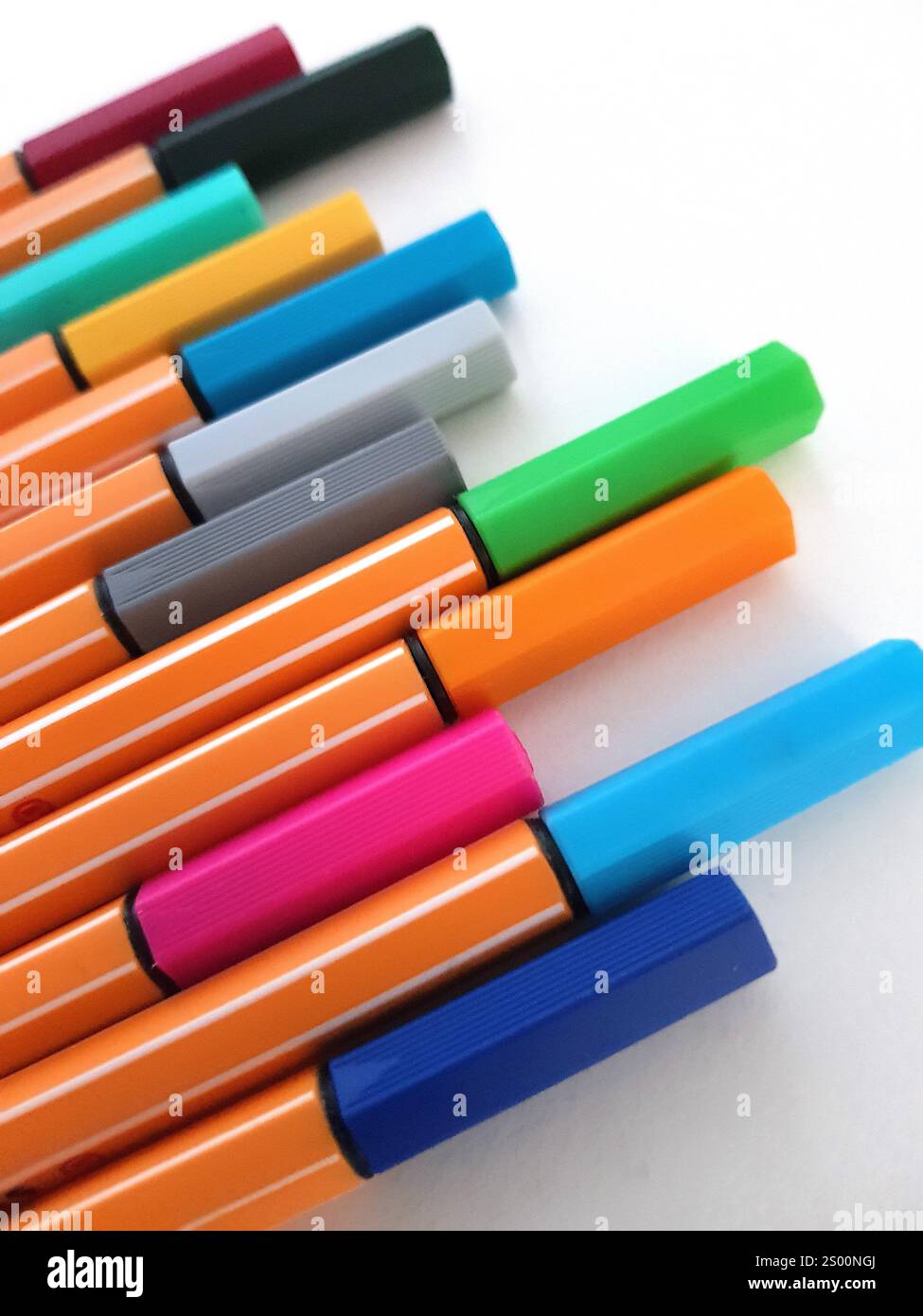 Primo piano di penne colorate con punta in feltro su sfondo bianco. Foto Stock