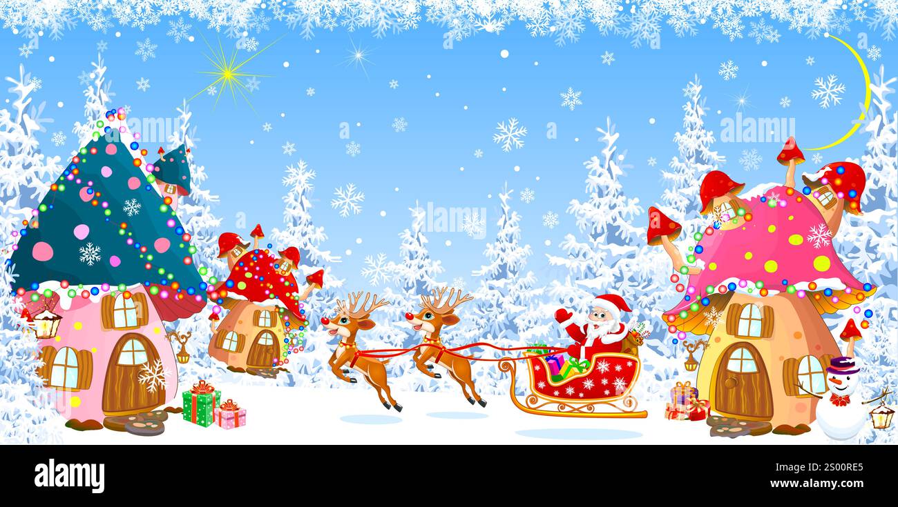 Babbo Natale su una slitta sullo sfondo di case di funghi e foresta invernale. Decorazioni di ghirlande. Bellissimi alberi di Natale. Regali sulla neve. Illustrazione Vettoriale