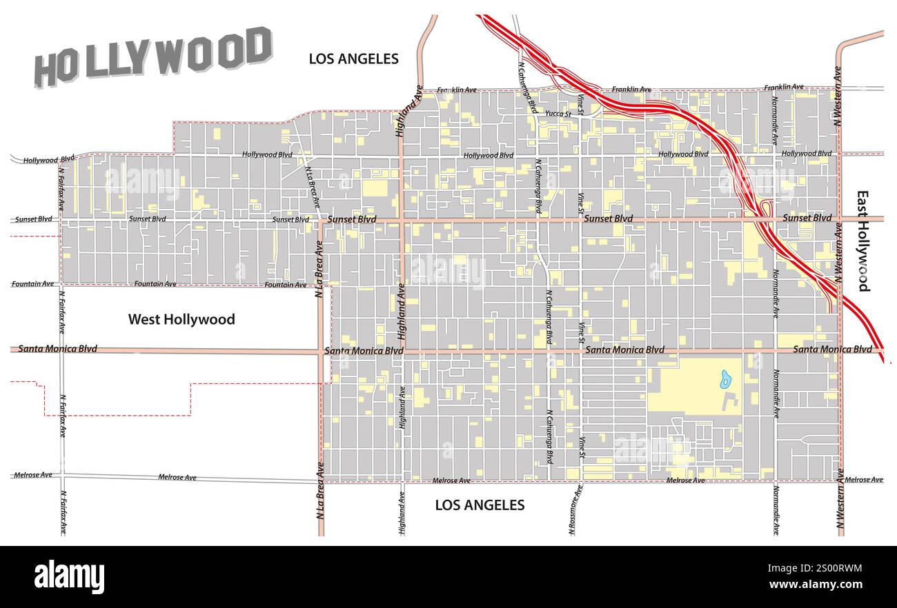 Mappa del quartiere di Hollywood, Los Angeles, California Foto Stock