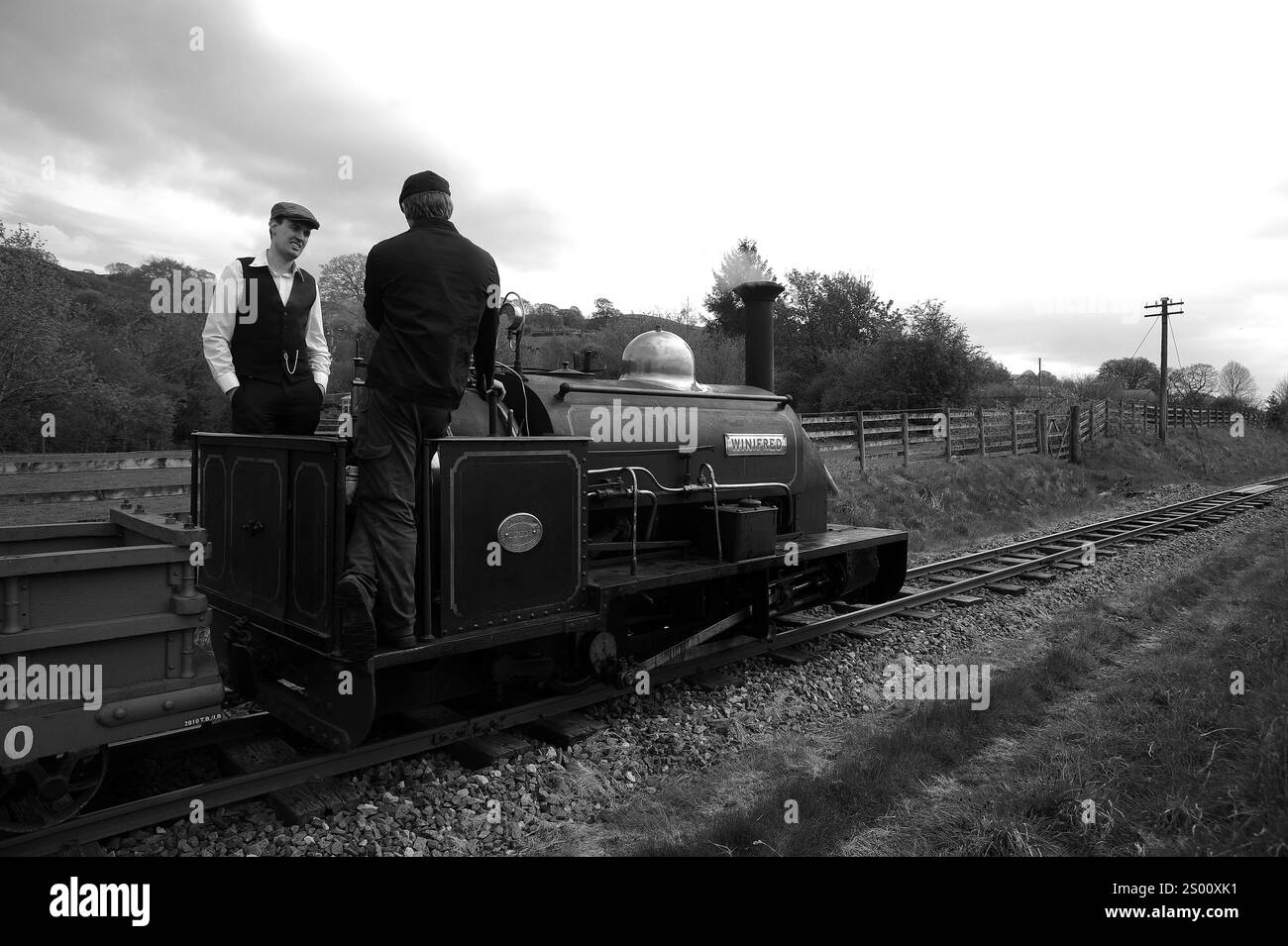 'Winifred' vicino a Dolfawr attraversando con un treno di carri ardesia. Foto Stock