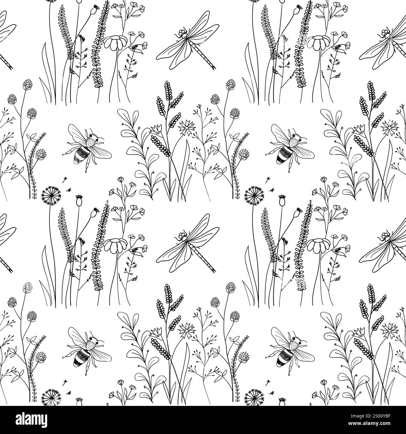 Disegno a boodle disegnato a mano di erbe da campo, fiori e insetti. Motivo senza cuciture Illustrazione Vettoriale