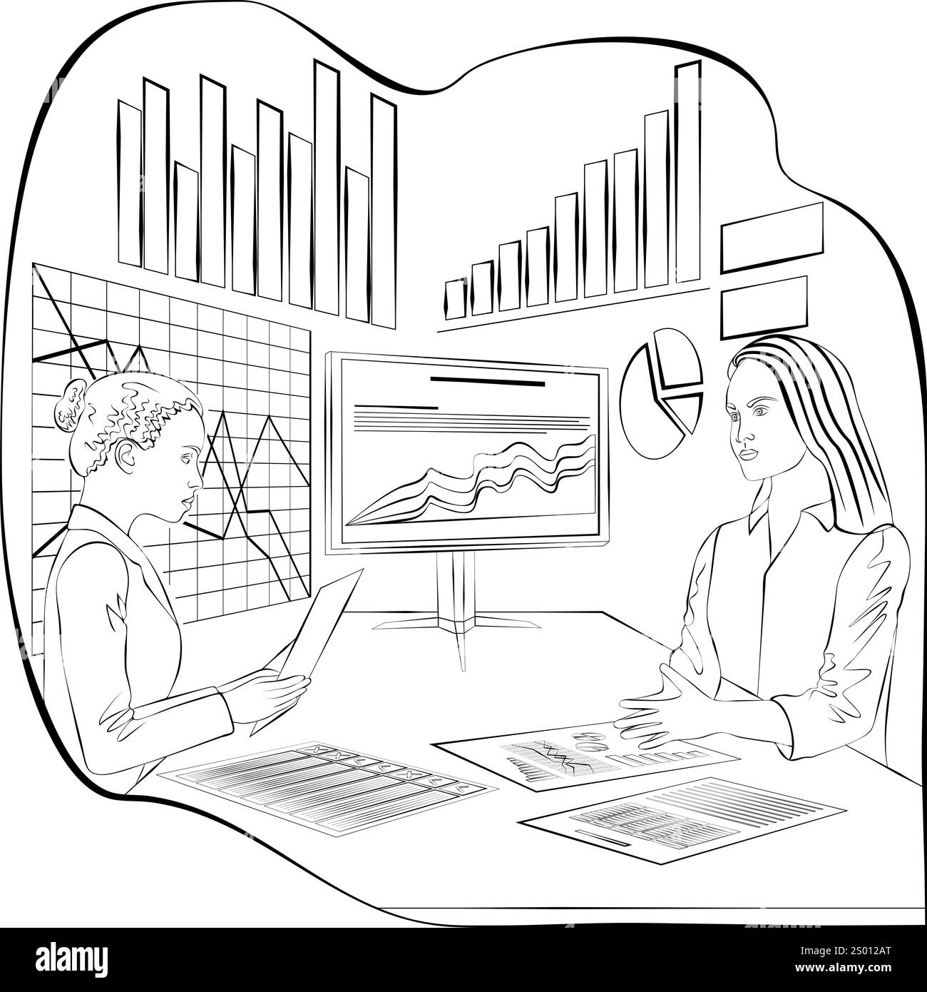 Condurre colloqui con le parti interessate per identificare e comprendere i problemi del processo decisionale. Schizzo. Illustrazione vettoriale. Illustrazione Vettoriale