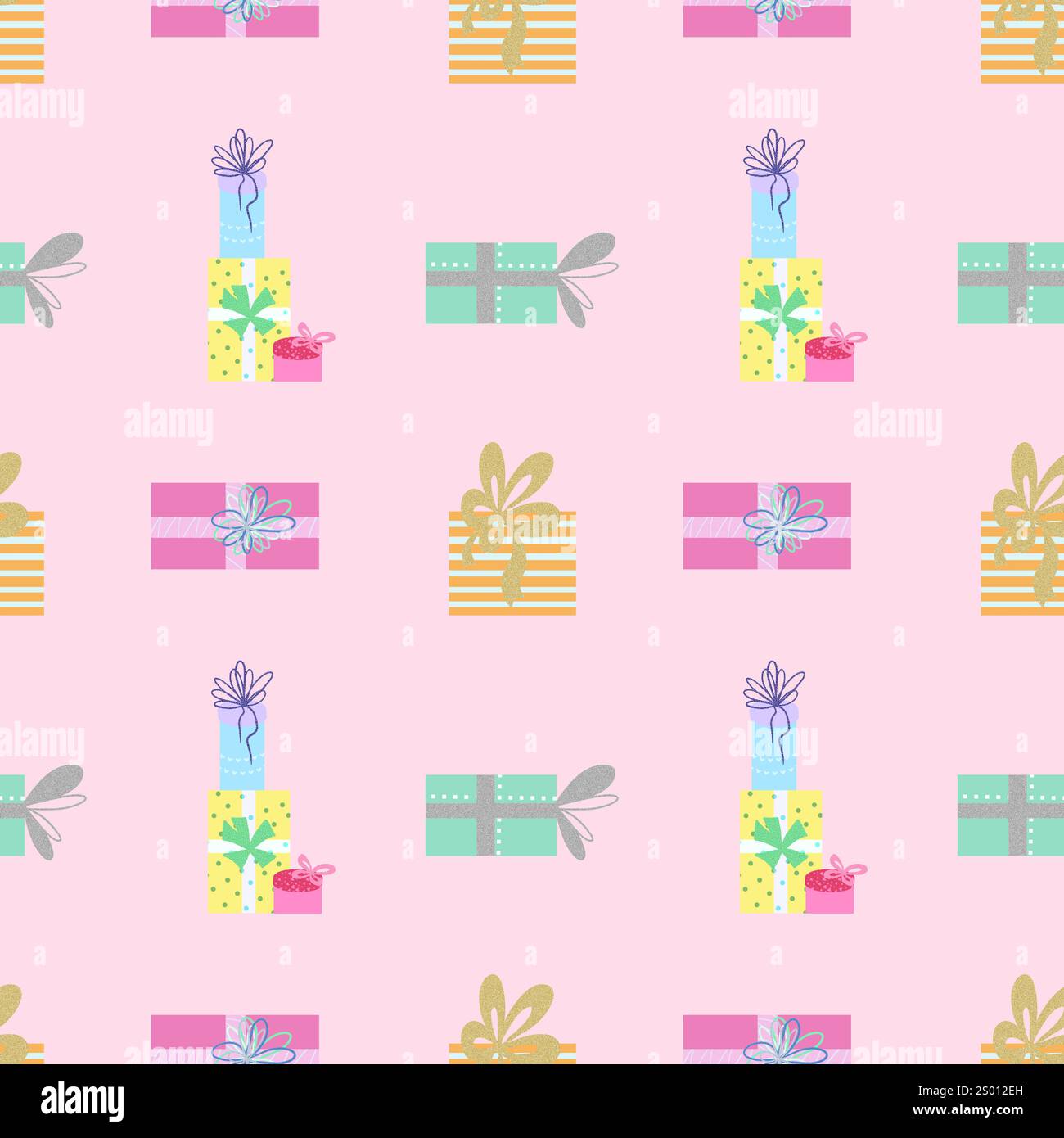 Motivo senza cuciture con confezioni regalo su sfondo rosa Foto Stock