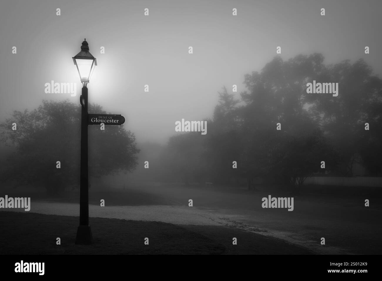 Un lampione, in una mattinata nebbiosa, alla fine di Duke of Gloucester Street, nello storico quartiere coloniale di Williamsburg, Virginia. Foto Stock