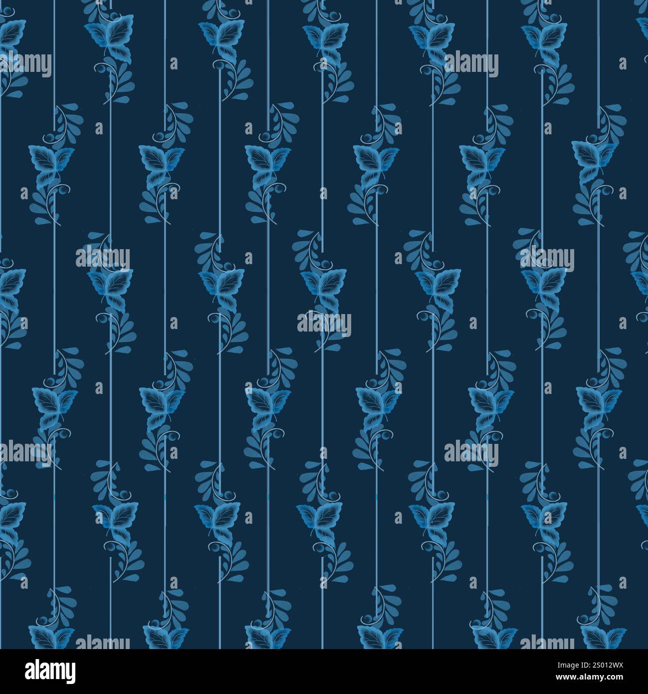 Ramoscelli e foglie blu con un motivo senza cuciture. Motivo stilizzato di piccoli mazzi in tradizionale stile russo, isolato su sfondo blu. Watercolo Foto Stock