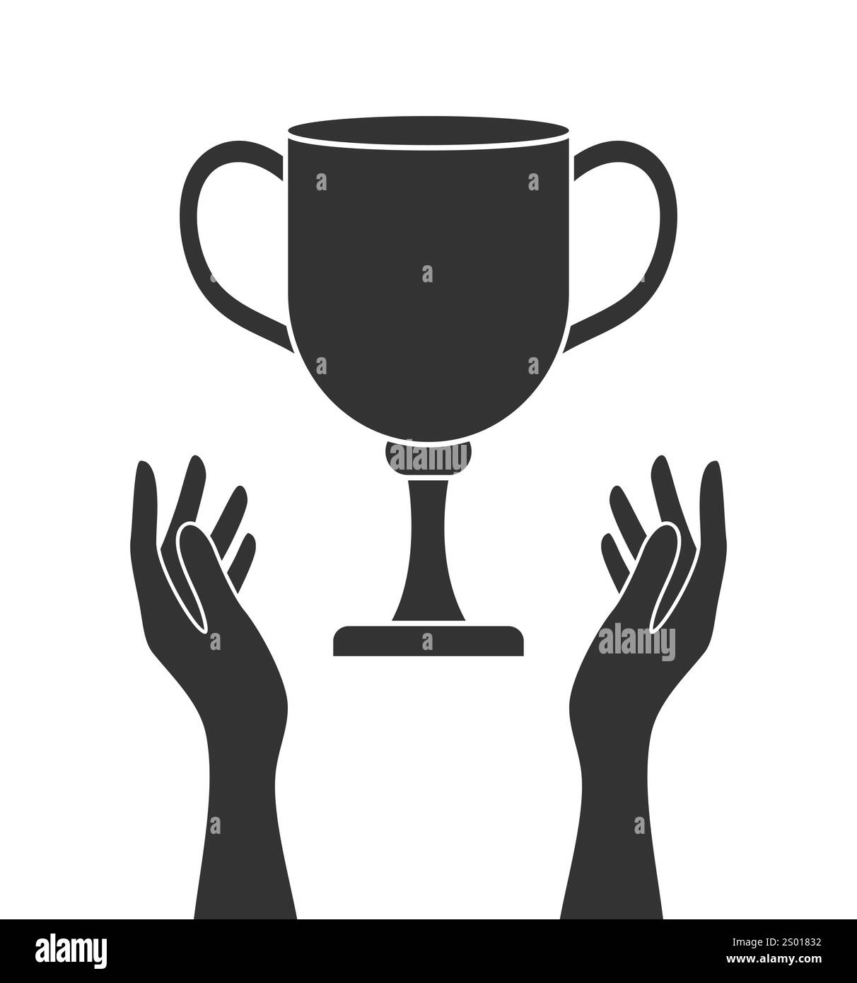 Silhouette nera di mani alzate su una coppa del trofeo, isolata su sfondo bianco, illustrazione vettoriale piatta Illustrazione Vettoriale