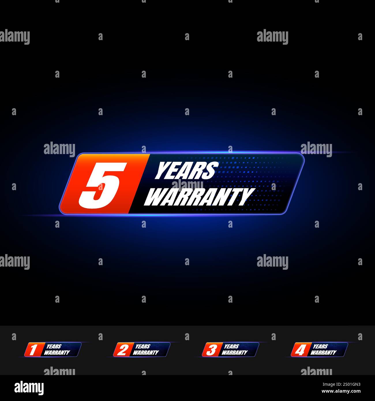 Set di logo 3D Warranty. 5,4,3,2,1 anni. Etichetta di garanzia illuminante al neon per il prodotto tecnologico. Illustrazione Vettoriale