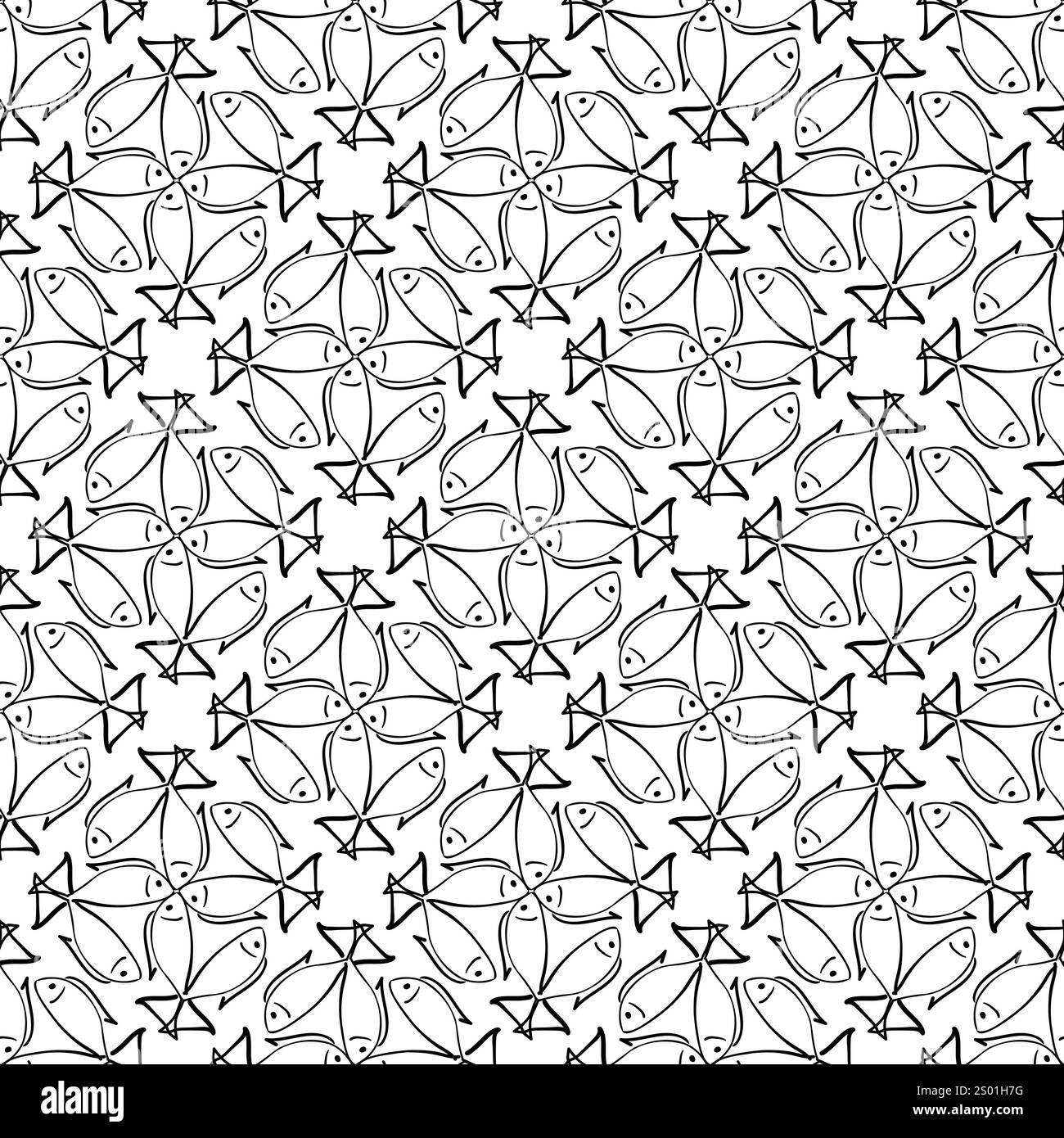 Motivo monocromatico nero senza cuciture con pesce su sfondo bianco Illustrazione Vettoriale