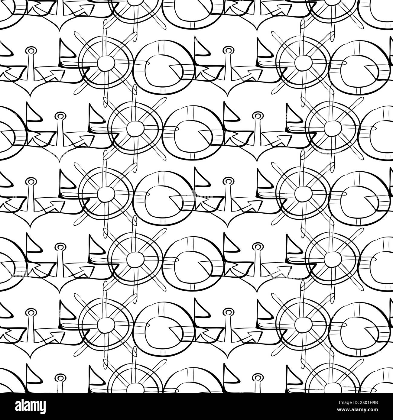 Motivo monocromatico nero senza cuciture con tema marino su sfondo bianco Illustrazione Vettoriale