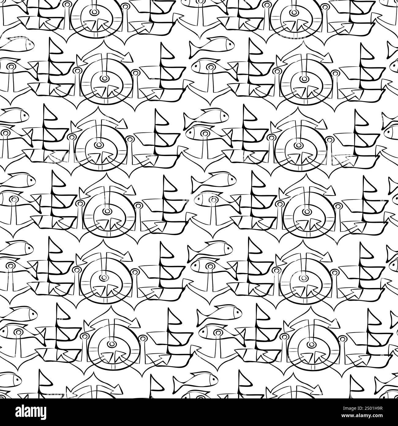 Motivo senza cuciture con elementi marini in bianco e nero Illustrazione Vettoriale