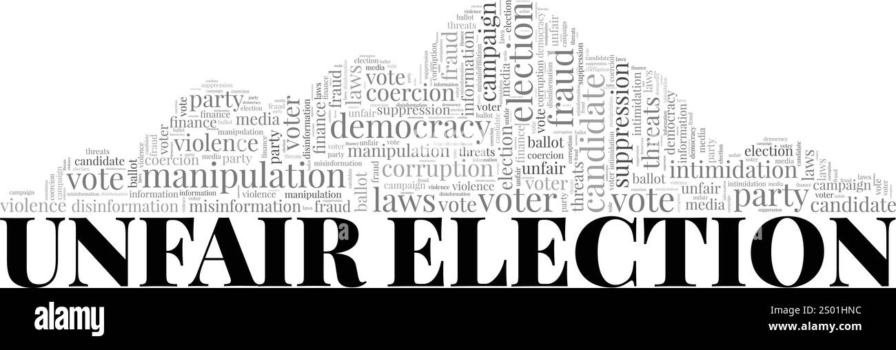 Progettazione concettuale cloud di parole elettorale ingiusta isolata su sfondo bianco. Illustrazione Vettoriale