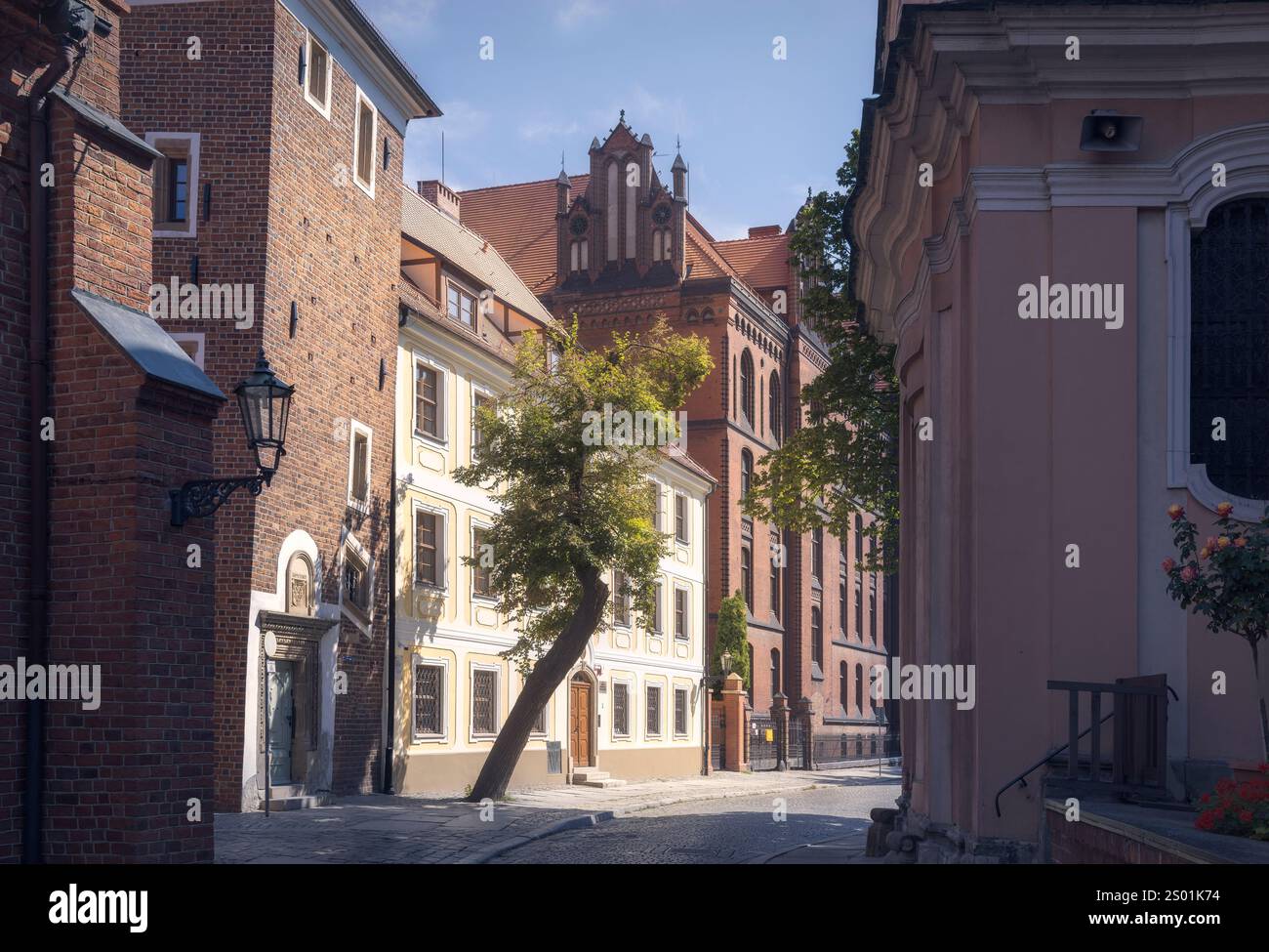 Passeggia attraverso i pittoreschi vicoli di Ostrow Tumski in un sereno pomeriggio a Wroklaw, Polonia Foto Stock
