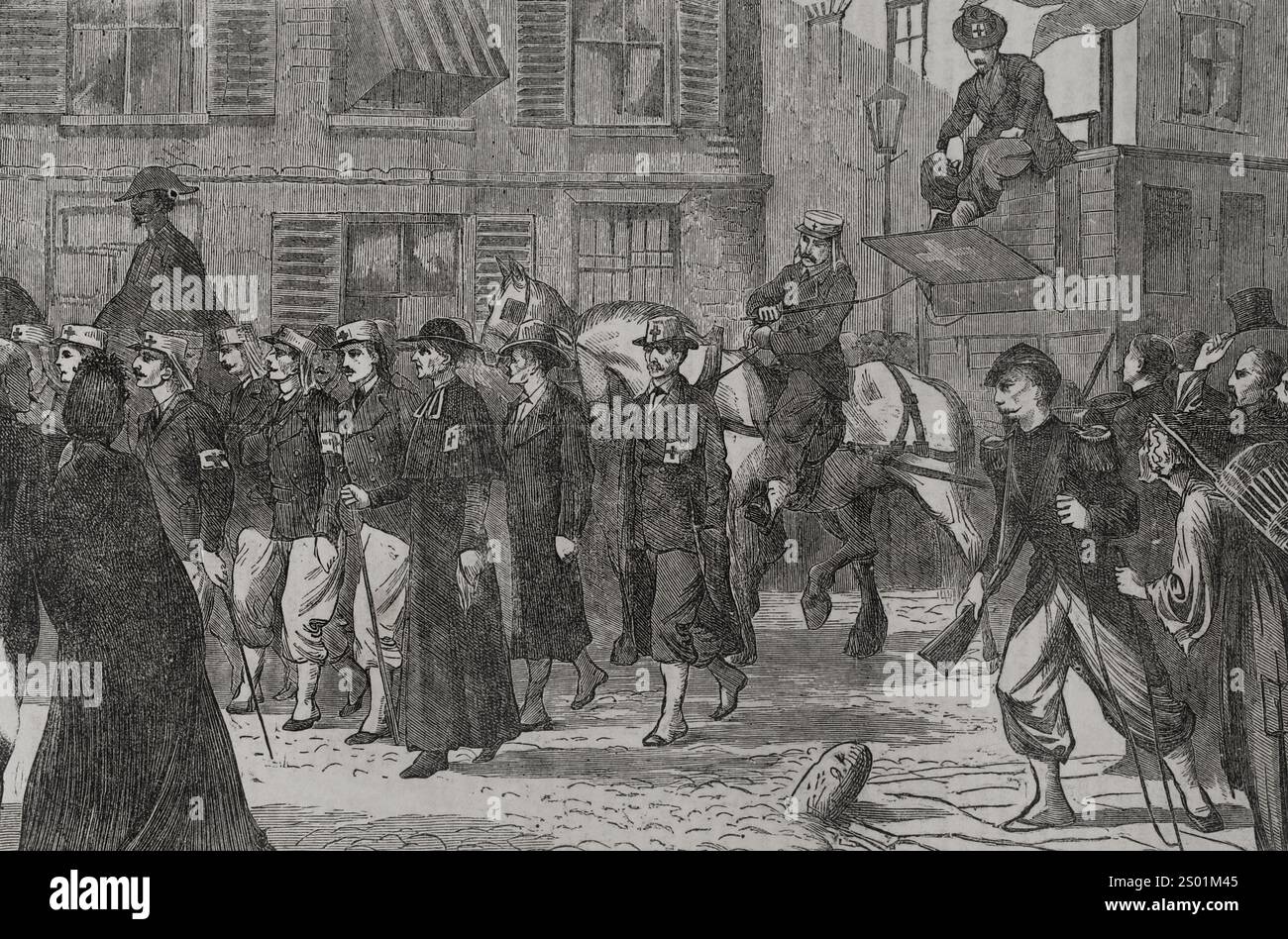 Guerra franco-prussiana (1870-1871). Francia. Il corpo di ambulanza della stampa francese che passa per Reims. Incisione. Historia de la Guerra de Francia y Prusia (storia della guerra tra Francia e Prussia). Volume I. pubblicato a Barcellona, 1870. Foto Stock