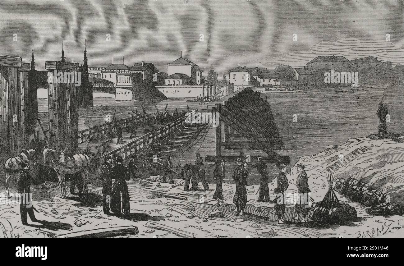 Guerra franco-prussiana (1870-1871). Francia. Ponte sul Reno. Collegava le città di Kehl e Strasburgo, attraversando sia il Reno che il confine tra Germania e Francia. Quando scoppiò la guerra, il giradischi all'estremità orientale del ponte (Kehl) fu dinamitato. Distruzione del ponte sul Reno sul lato del confine francese. Incisione di Barbant. Historia de la Guerra de Francia y Prusia (storia della guerra tra Francia e Prussia). Volume I. pubblicato a Barcellona, 1870. Foto Stock