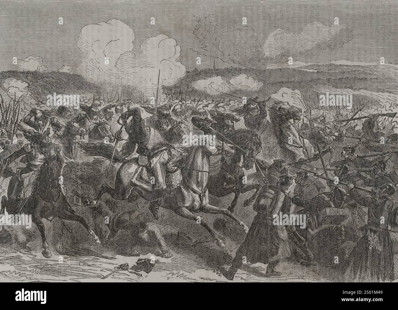 Guerra franco-prussiana (1870-1871). Battaglia di Wörth, 6 agosto 1870. Le truppe prussiane comandate dal principe ereditario Federico Guglielmo, e guidate dal generale Leonhard von Blumenthal (1810-1900), sconfissero i francesi guidati dal maresciallo MacMahon (1808-1893) nei pressi del villaggio di Woerth in Alsazia. Carica di cavalleria dell'8th e 9th Cuirassier Regiments per proteggere la ritirata dell'esercito di MacMahon. Incisione. Historia de la Guerra de Francia y Prusia (storia della guerra tra Francia e Prussia). Volume I. pubblicato a Barcellona, 1870. Foto Stock