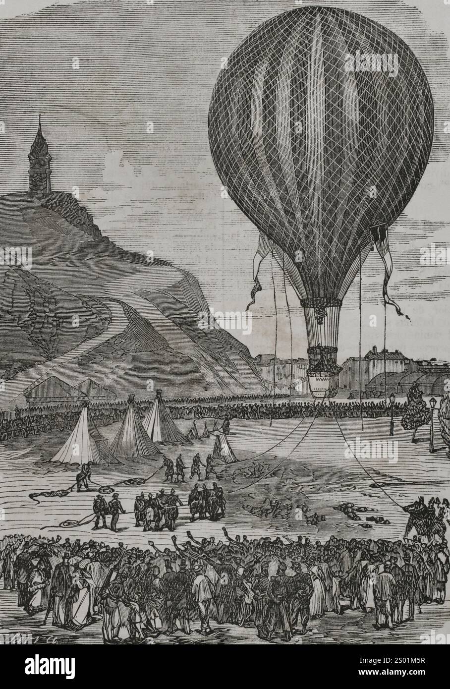 Guerra franco-prussiana (1870-1871). Assedio di Parigi (dal 19 settembre 1870 al 28 gennaio 1871). La difesa di Parigi. Montmartre. Pallone in cattività "le Neptune", destinato all'osservazione dell'esercito invasore. Incisione di Sierra. Historia de la Guerra de Francia y Prusia (storia della guerra tra Francia e Prussia). Volume I. pubblicato a Barcellona, 1870. Foto Stock