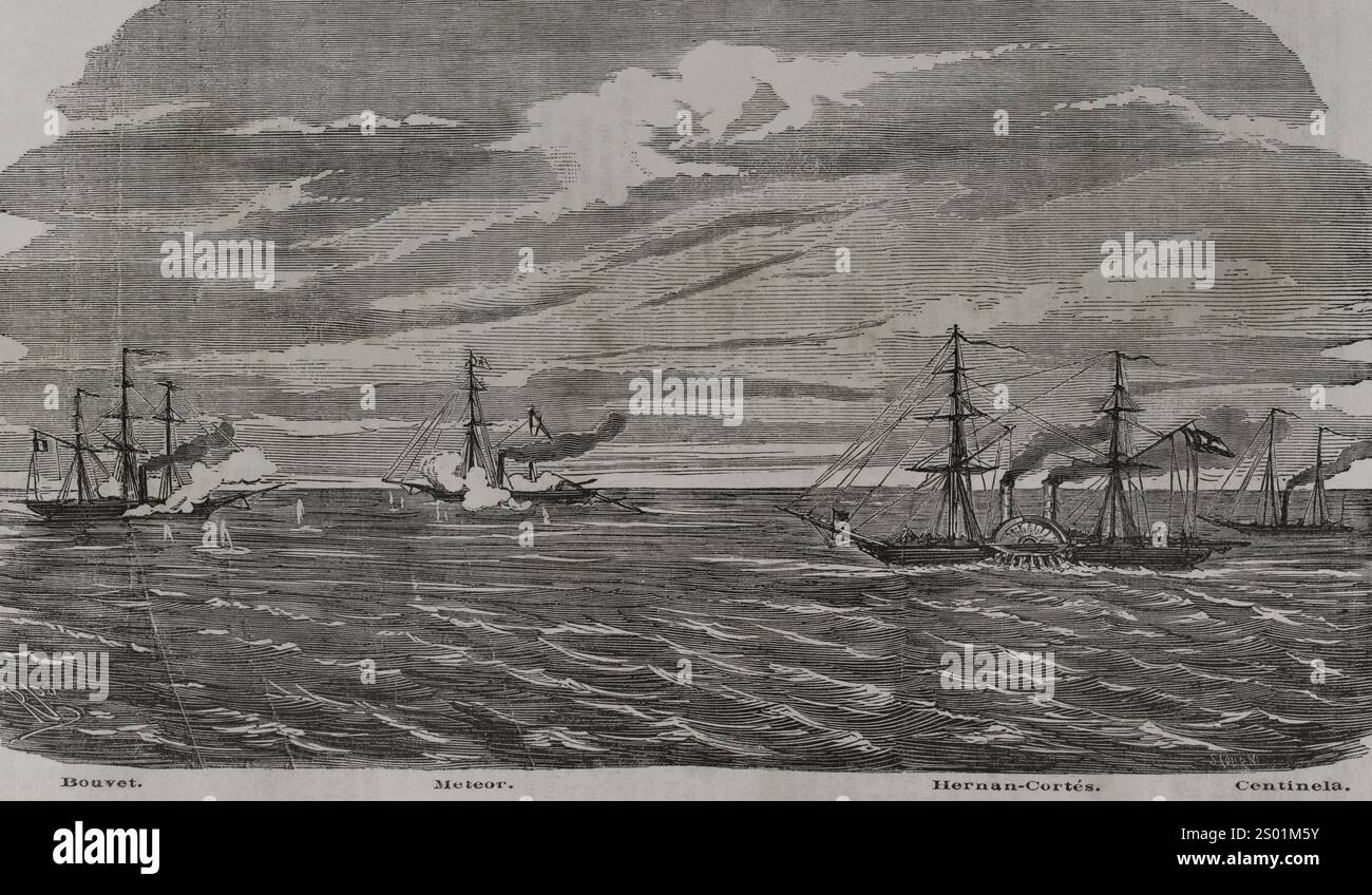 Guerra franco-prussiana (1870-1871). "Battaglia dell'Avana" (9 novembre 1870). Scontro tra la cannoniera prussiana "Meteor" e l'aviso francese "Bouvet", a nove miglia al largo della costa dell'Avana (Cuba), al di fuori delle acque territoriali. La cannoniera spagnola "Centinela" intervenne osservando i considerevoli danni causati, e che la nave da guerra francese veniva inseguita dalla cannoniera prussiana. Le navi spagnole vennero in aiuto di entrambi i combattenti. Da sinistra a destra: "Bouvet", "Meteor", "Hernán Cortés" e "Centinela". Incisione di Sadurní. Historia de la Guerra de Francia y Prusia (storia della guerra b Foto Stock