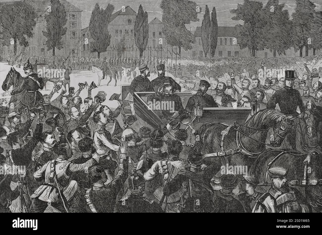 Guglielmo i (1797-1888). Re di Prussia (1861-1888) e imperatore di Germania (1871-1888). Arrivo del re Guglielmo i di Prussia a Versailles. Disegno di Padró. Incisione di Capuz. Historia de la Guerra de Francia y Prusia (storia della guerra tra Francia e Prussia). Volume I. pubblicato a Barcellona, 1870. Foto Stock