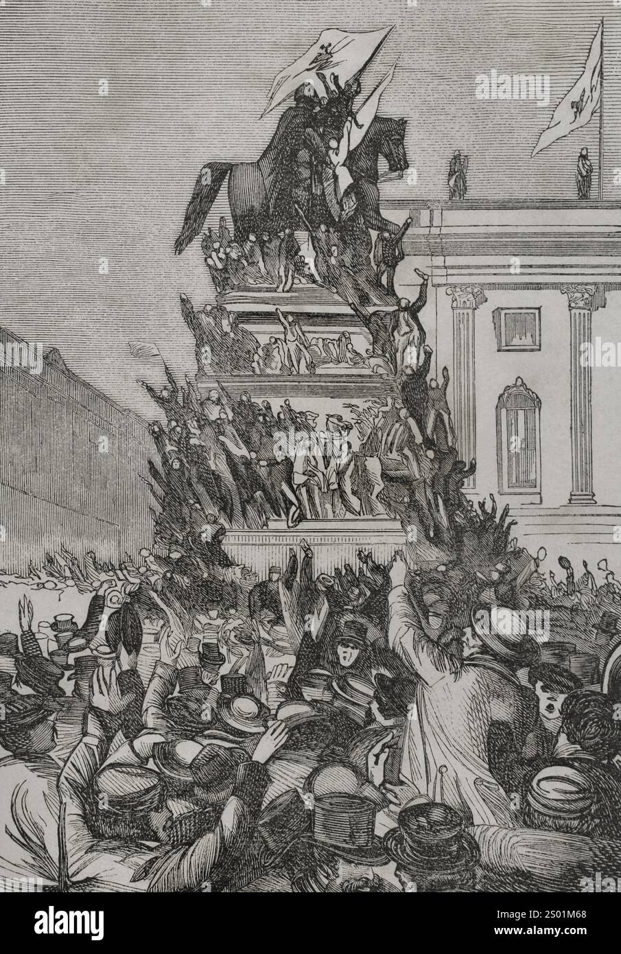 Guerra franco-prussiana (1870-1871). Berlino, 3 settembre 1870. Il monumento a Federico il grande fu affollato di persone che celebravano la vittoria tedesca sui francesi nella battaglia di Sedan (1-2 settembre 1870). Incisione. Historia de la Guerra de Francia y Prusia (storia della guerra tra Francia e Prussia). Volume I. pubblicato a Barcellona, 1870. Foto Stock