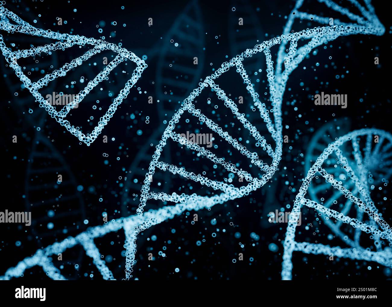 Filamenti di DNA blu astratti in ambiente liquido con particelle sospese. Filamenti di DNA blu astratti in ambiente liquido con particelle sospese. Microbiologia, genoma, ricerca di laboratorio, farmacia, genetica e concetto di scienza medica. Illustrazione 3D img design Science 001 DNA Foto Stock