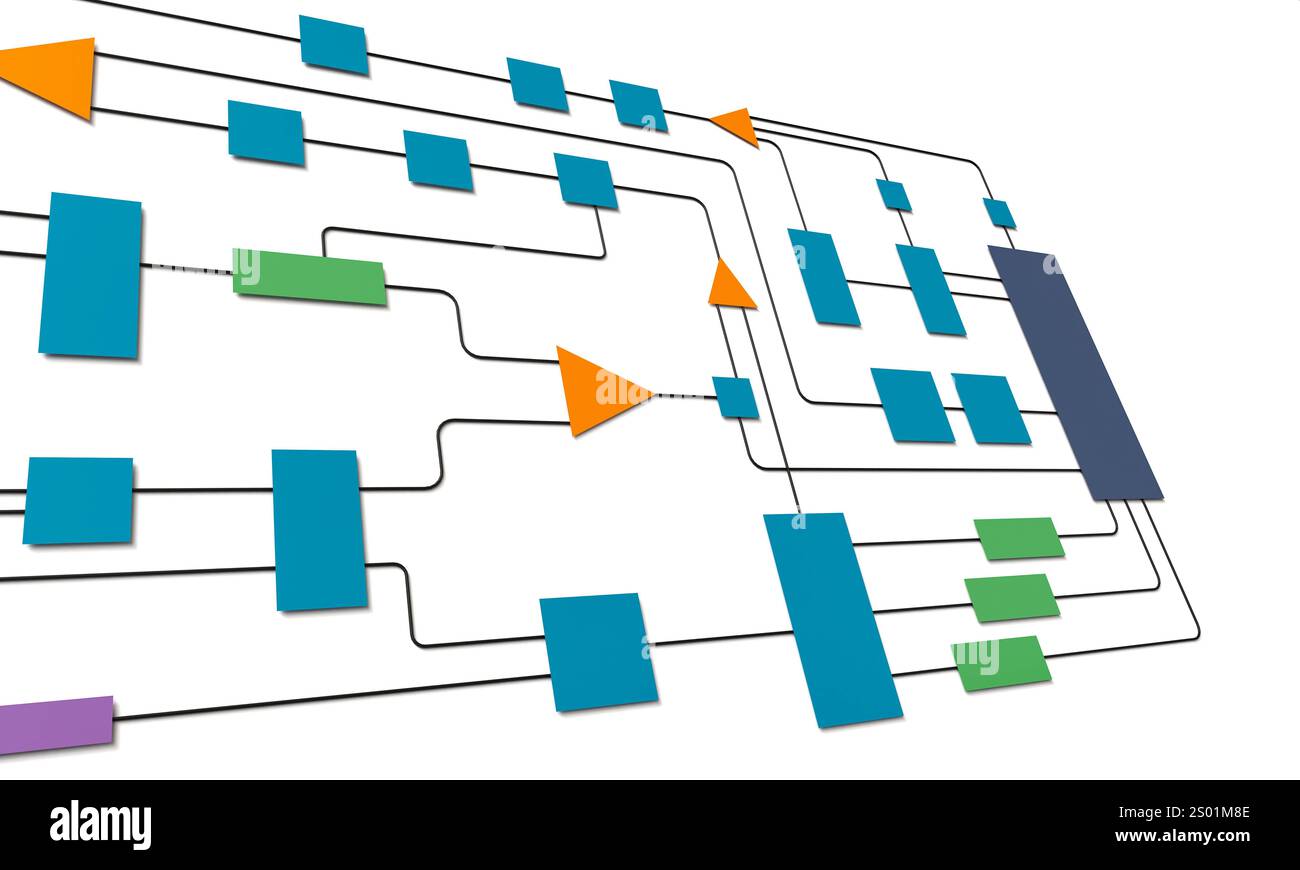 Diagramma di flusso, processo industriale. Diagramma di flusso, processo industriale. Grafico con elementi, linee collegate e forme geometriche. Stragey, mappa, piano, diagramma, struttura dei nodi, connessione. Illustrazione 3D img business059s04 Flow chart Foto Stock