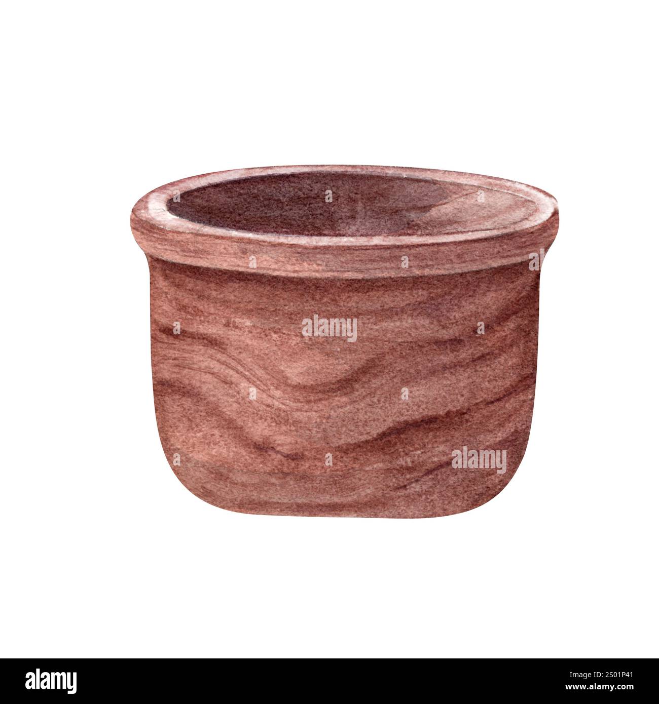 Illustrazione acquerello con recipiente vuoto in legno senza coperchio. Utensile da cucina marrone scuro per cereali o contenitore per conservazione. Strumento di cottura fatto a mano per alimenti Foto Stock