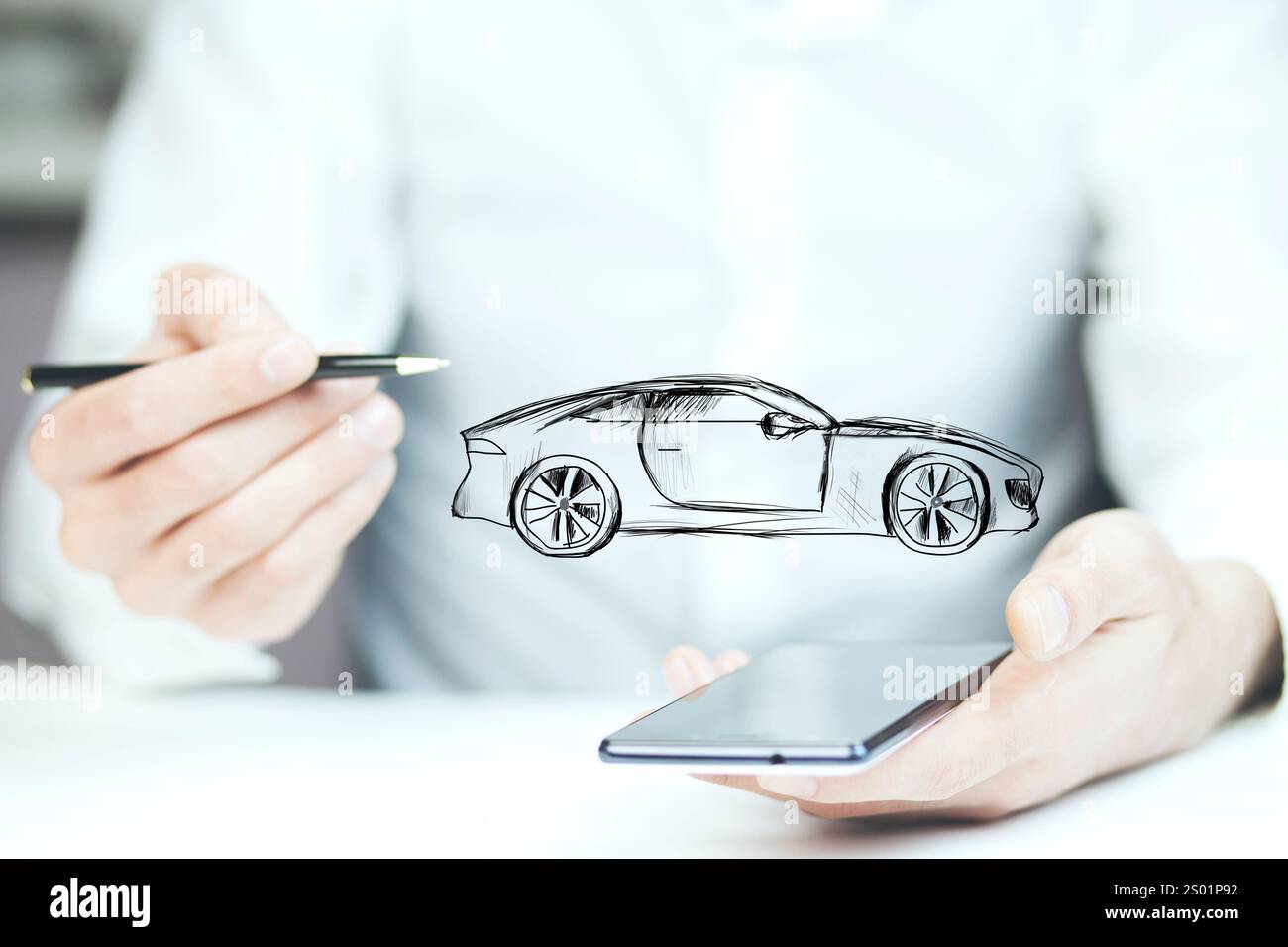 Uomo d'affari telefono e auto su sfondo bianco Foto Stock