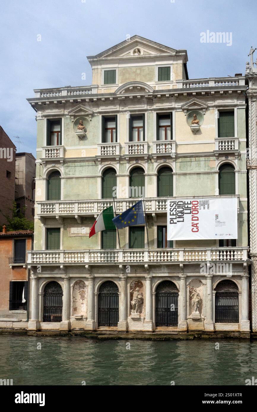 VENEZIA, ITALIA - 6 MAGGIO 2015: Vista esterna di Palazzo giusti con manifesto per la mostra Plessi (Liquid Life) presso il palazzo Ca' d'Oro Foto Stock