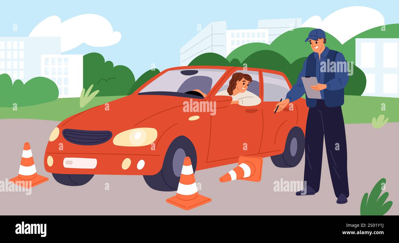 Lezione di guida. Esercizi pratici. Esame del conducente di auto. L'istruttore nota gli errori. Superamento dell'esame. Studente che ottiene la licenza. Parcheggio auto tr Illustrazione Vettoriale