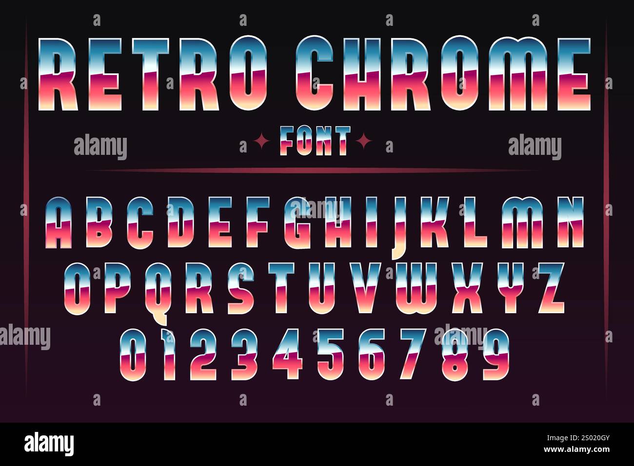 Carattere Chrome. Alfabeto di gioco arcade retrò negli anni '80 Lettere maiuscole e numeri effetto metallizzato. Carattere futuristico. Blu brillante e rosso ABC. Titolo t Illustrazione Vettoriale