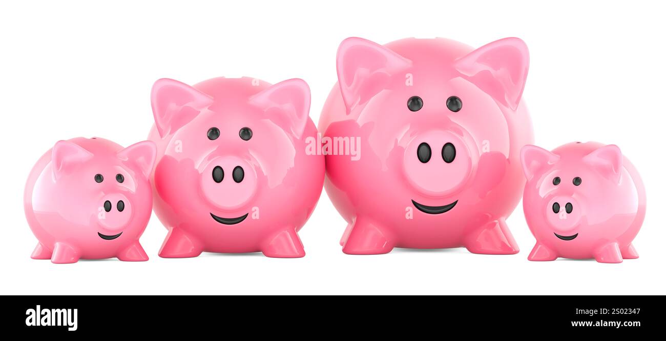 Famiglia del salvadanaio. Budget per la famiglia, concetto. Rendering 3D isolato su sfondo bianco Foto Stock