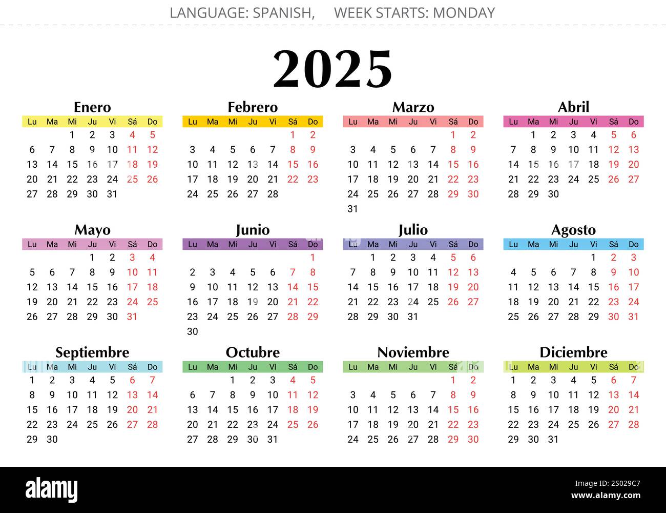 Calendario spagnolo di 2025 anni. Illustrazione vettoriale colore per la Spagna Illustrazione Vettoriale