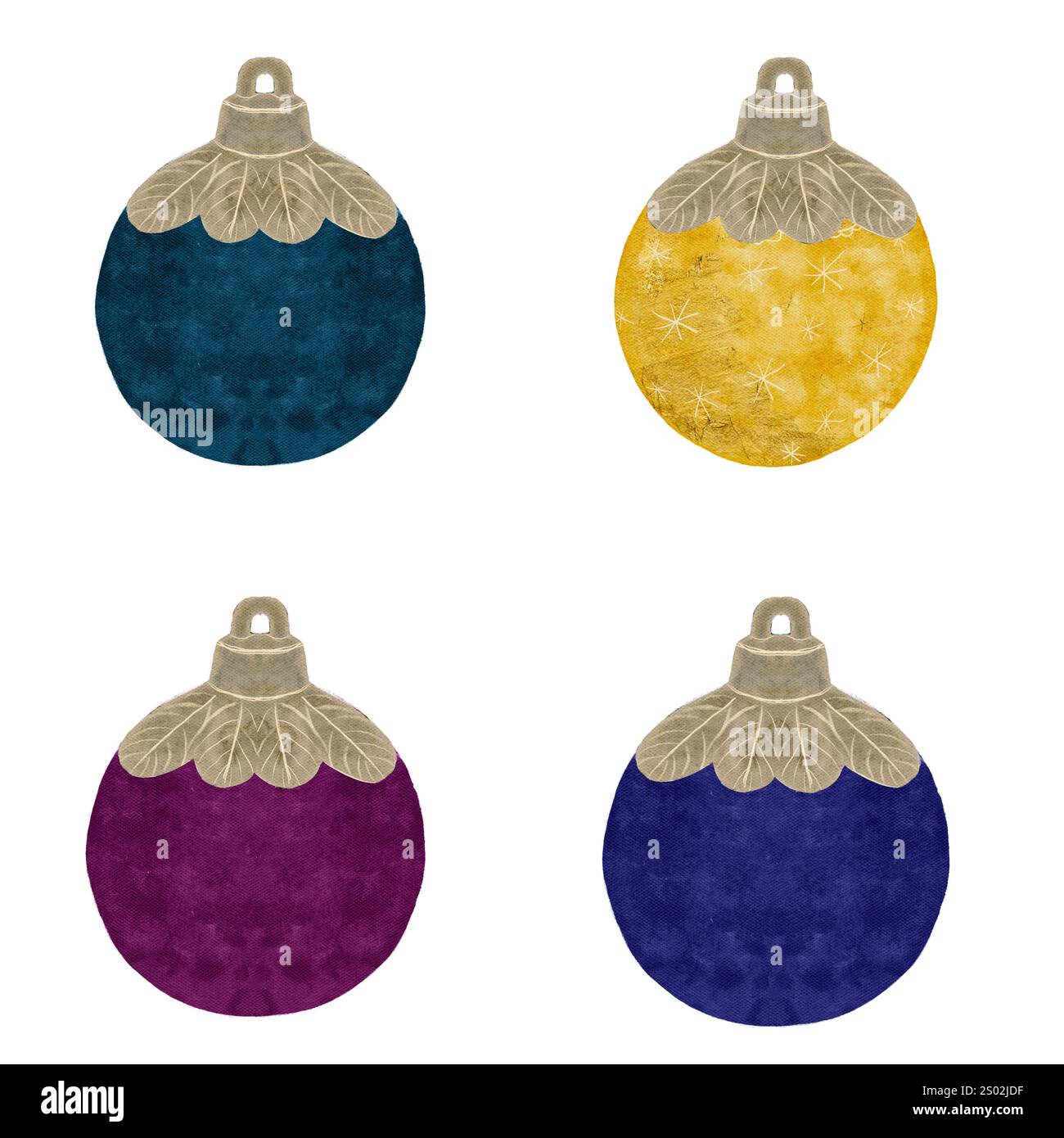 Palle colorate e testurizzate dell'albero di Natale isolate su bianco. Illustrazione ad acquerello per tessuti, carta da imballaggio, biglietti, tema Natale, Capodanno Foto Stock
