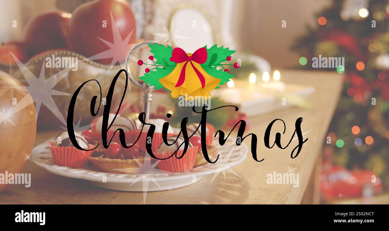 Immagine del testo dei saluti natalizi sulle decorazioni natalizie. Natale, festività, celebrazione e tradizione immagine generata digitalmente. Foto Stock