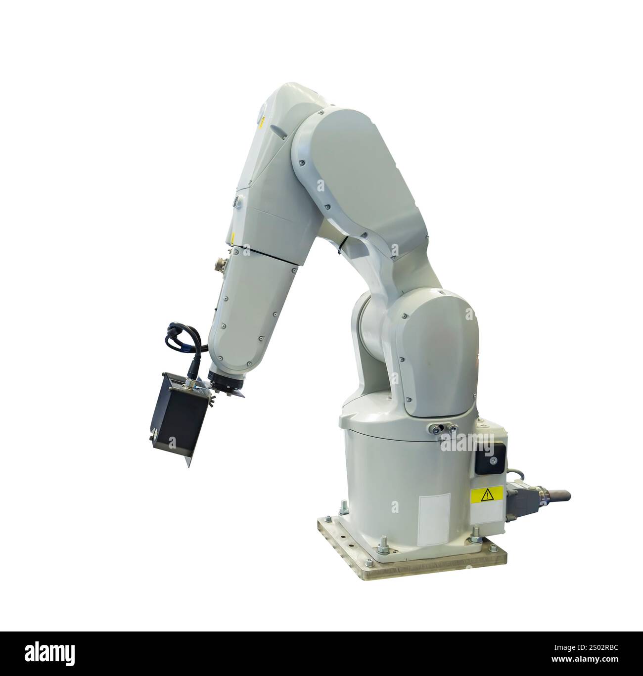 Scanner laser 3D industriale su braccio robotico isolato su sfondo bianco Foto Stock