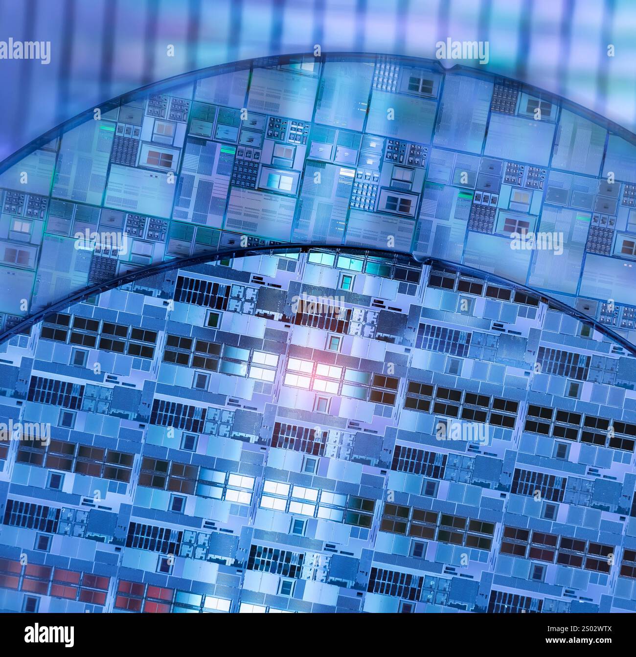 Wafer di silicio per la fabbricazione di semiconduttori di circuiti integrati. Foto Stock