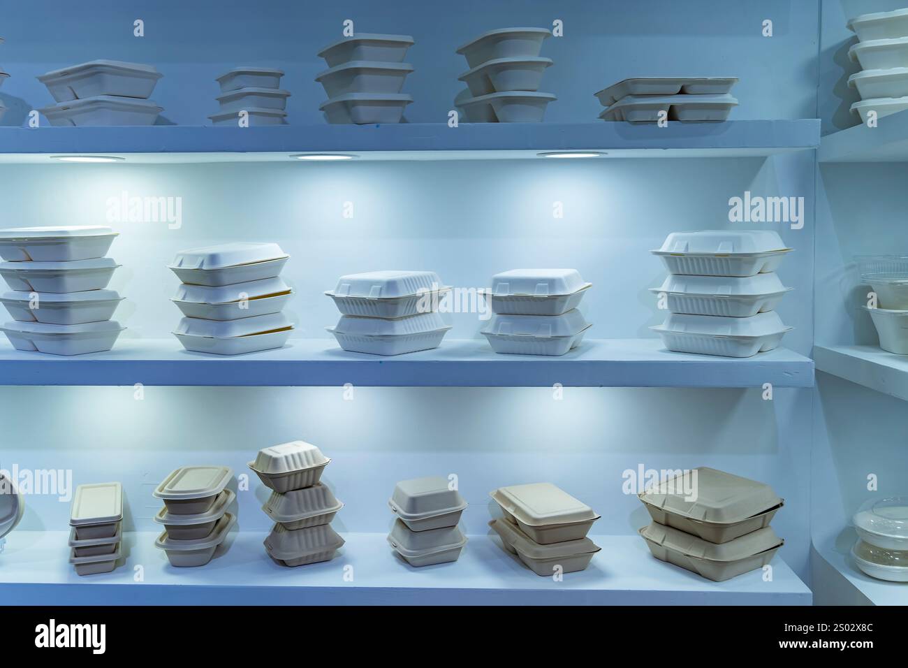 Set di scatole per alimenti in fibra vegetale non sbiancate. Confezione ecologica in fibra naturale per alimenti e bevande. Foto Stock