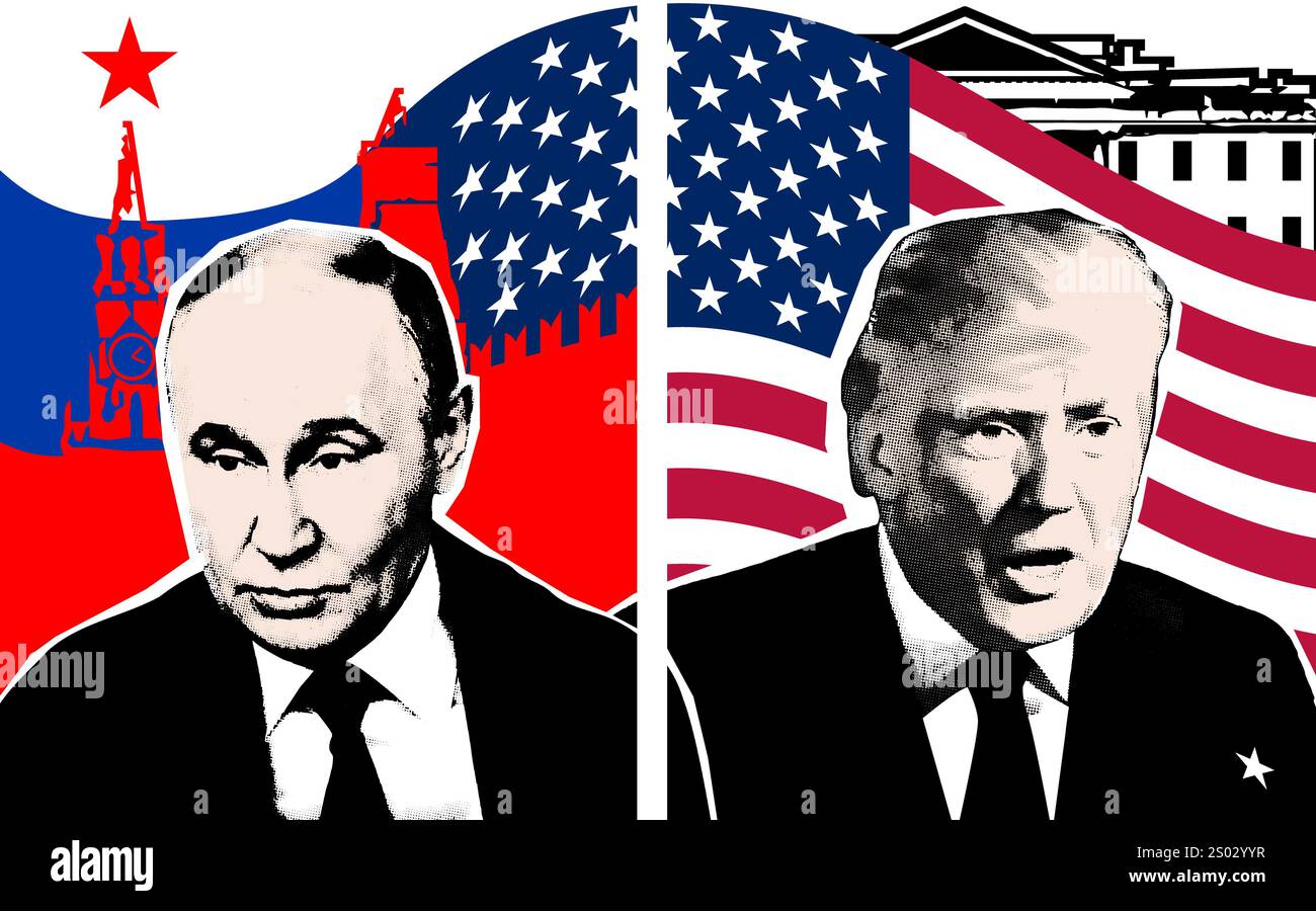 Ritratto di Donald Trump , Vladimir Putin . Effetto collage mezzitoni. Foto Stock