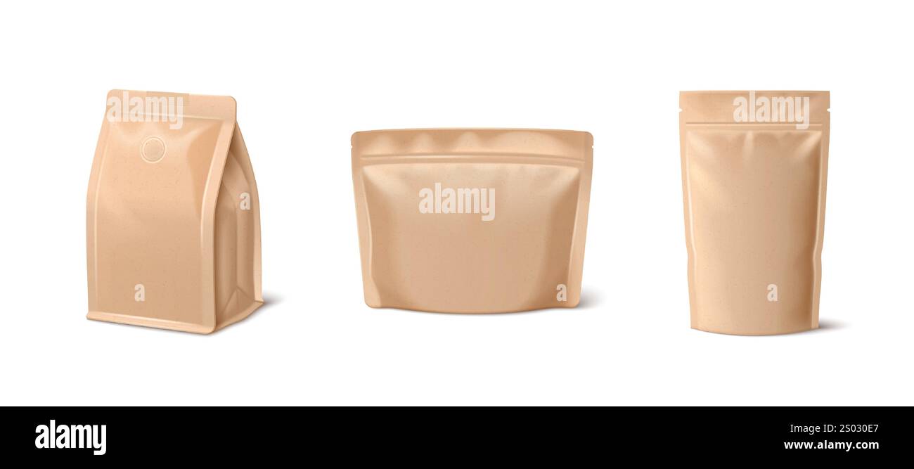 Set di confezioni beige kraft con sacchetto per caffè di carta - custodia con soffietto con sigillo, confezione a fondo piatto, sacchetto con chiusura a cerniera. Modello ecologico per contenitori per chicchi tostati di qualità superiore. Illustrazione Vettoriale