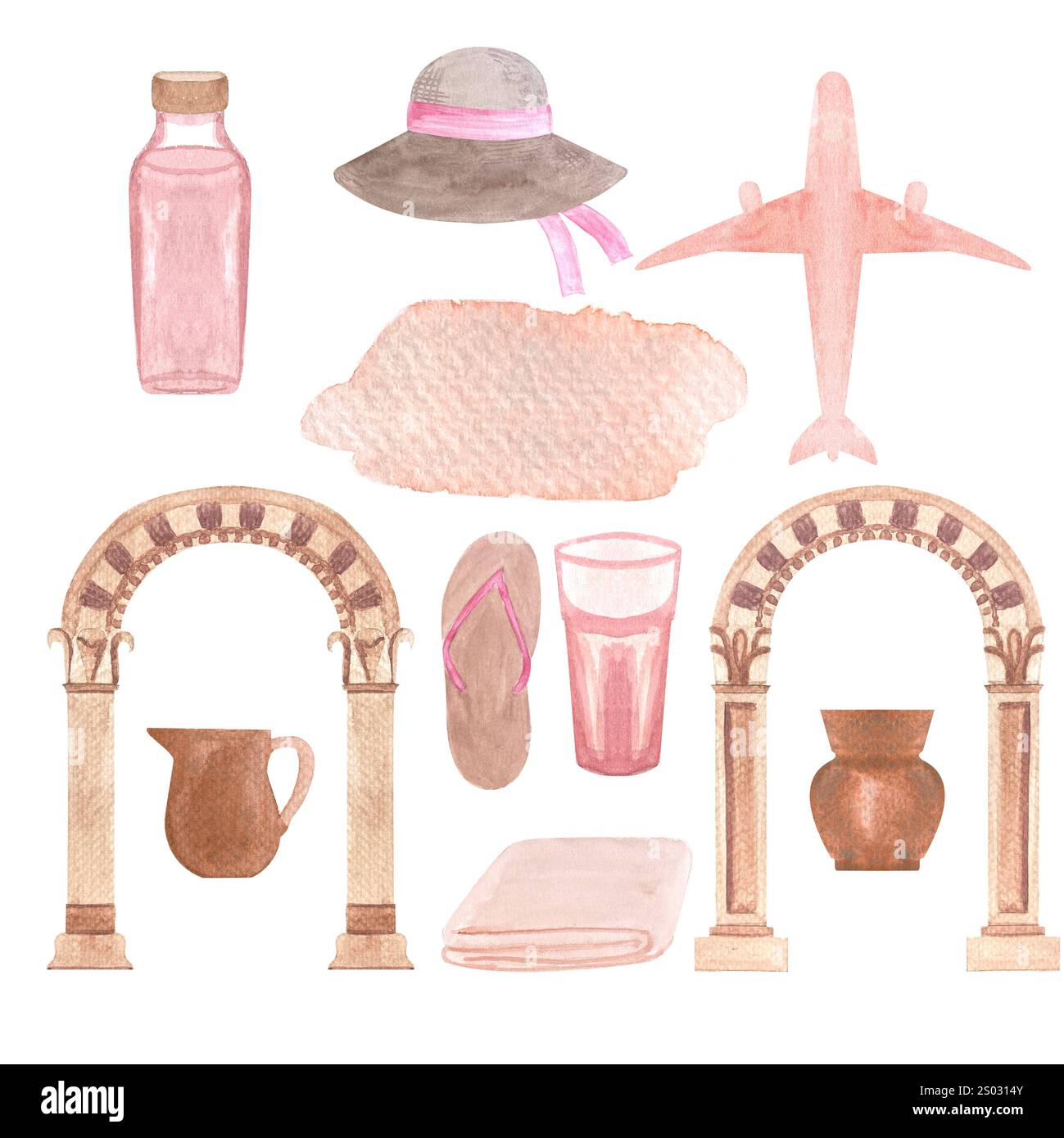 Vacanze estive. Aeroplano, sito antico, ceramiche, cappello da sole, infradito, motivo ad acquerello senza cuciture isolato su bianco. Disegnato a mano per il veicolo fermo Foto Stock