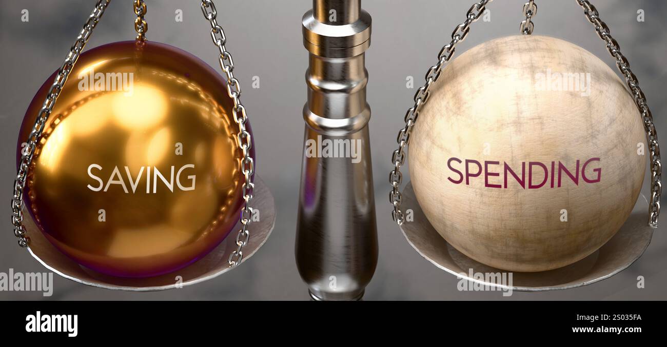 Risparmio o spesa - pesando due opzioni, opzioni disponibili. Scelta tra risparmio o spesa. Due diverse azioni. Foto Stock