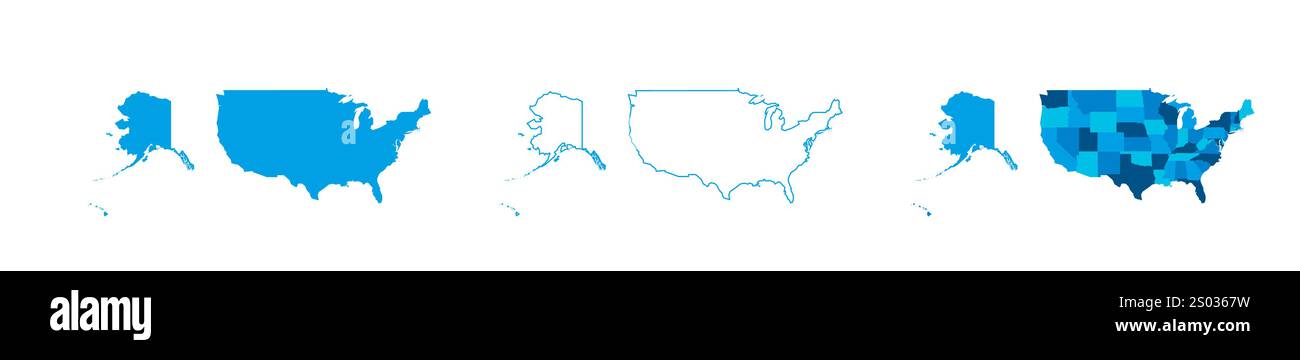 Stati Uniti d'America serie di tre mappe - mappa solida, mappa di contorno e mappa che evidenziano le divisioni amministrative. Tre mappe distinte illustrano varie rappresentazioni di un'area geografica. Illustrazione Vettoriale