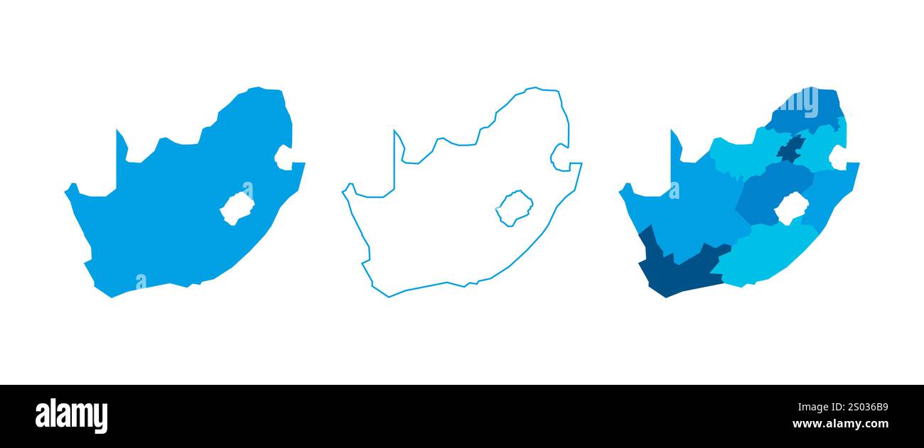 Sudafrica serie di tre mappe - mappa solida, mappa di contorno e mappa che evidenziano le divisioni amministrative. Tre mappe distinte illustrano varie rappresentazioni di un'area geografica. Illustrazione Vettoriale